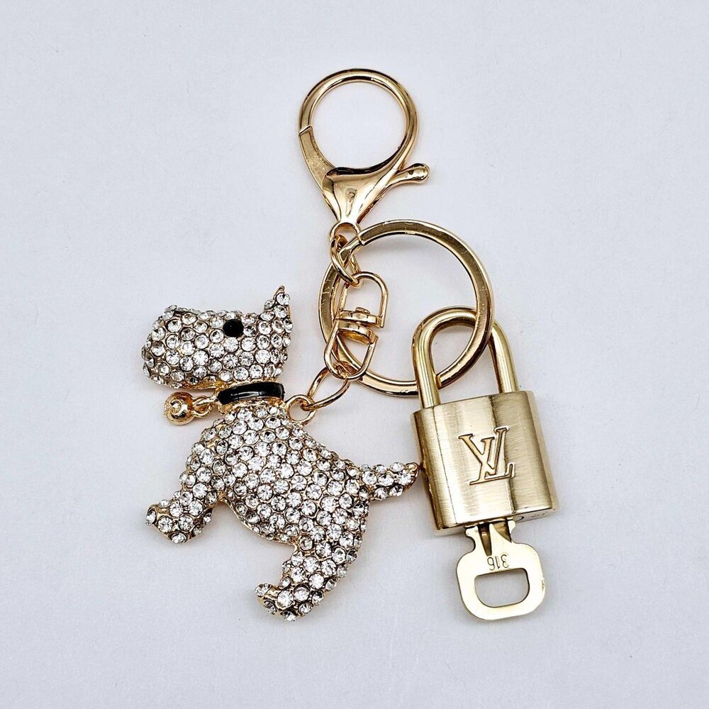 LV Gold Padlock Authentic 🔑 Luxury Bag Charm w/ Unbranded Puppy Keychain
